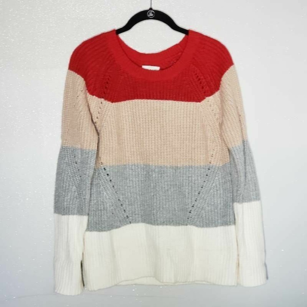 Lucky Brand Womens Pointelle Pullover Sweater‎ Ivory Red Color Block Ribbed M